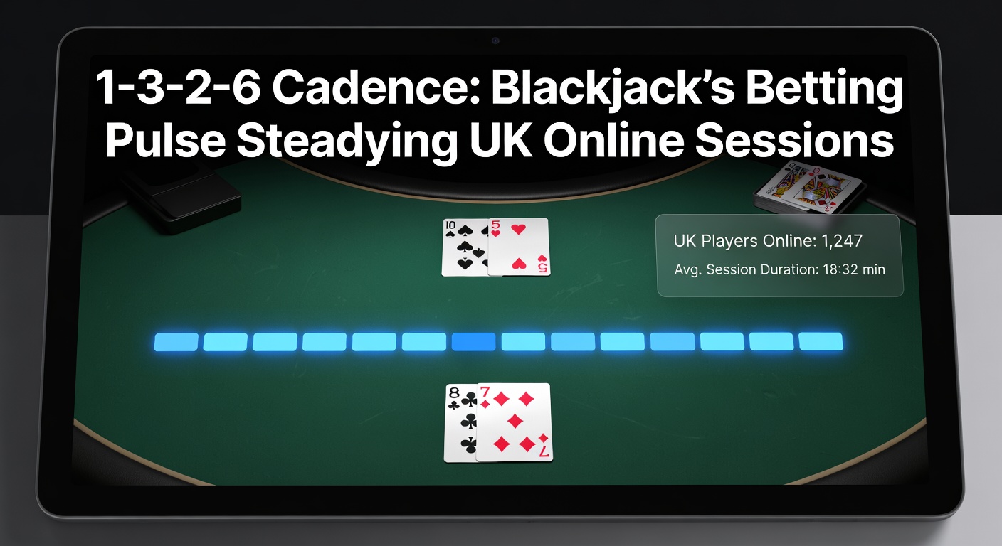 Close-up of a blackjack table with chips arranged in 1-3-2-6 progression, dealer hand visible mid-game