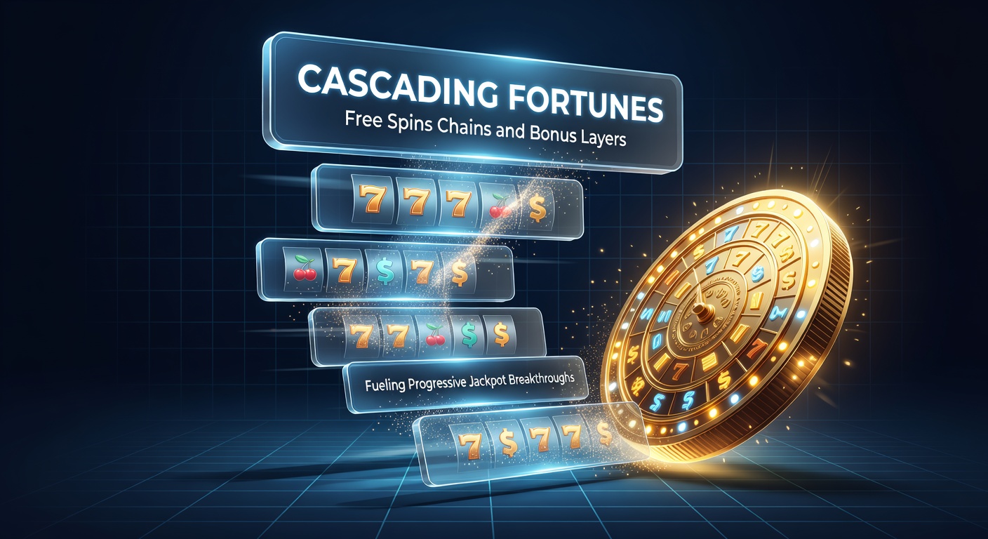 Vibrant slot machine screen showing cascading symbols triggering free spins and building a progressive jackpot meter in a casino setting