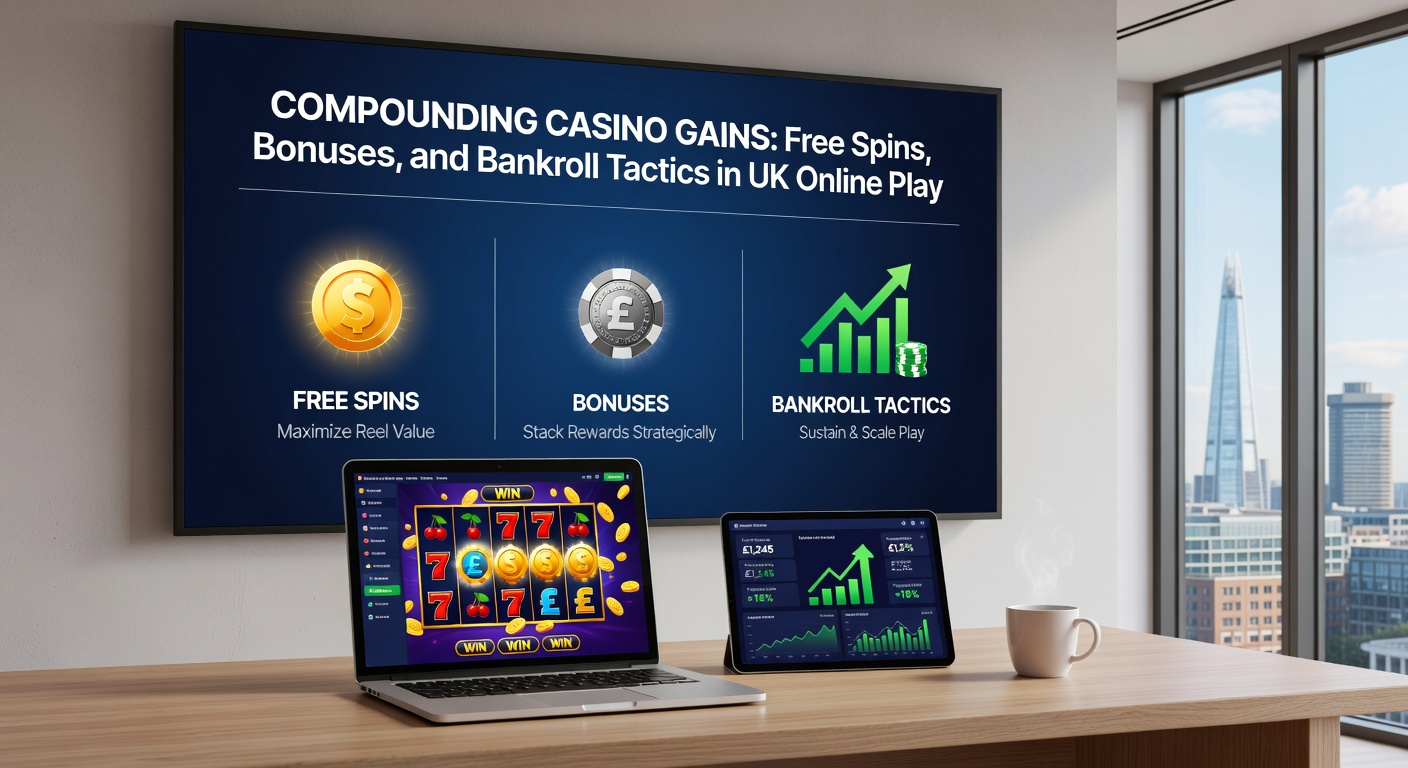 Player dashboard showing stacked bonuses, free spin counters climbing, and a growing bankroll graph in a UK online casino app