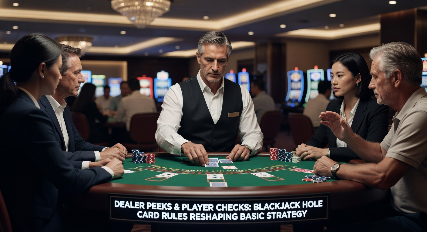 Close-up of a blackjack dealer peeking at their hole card while players watch intently at the table