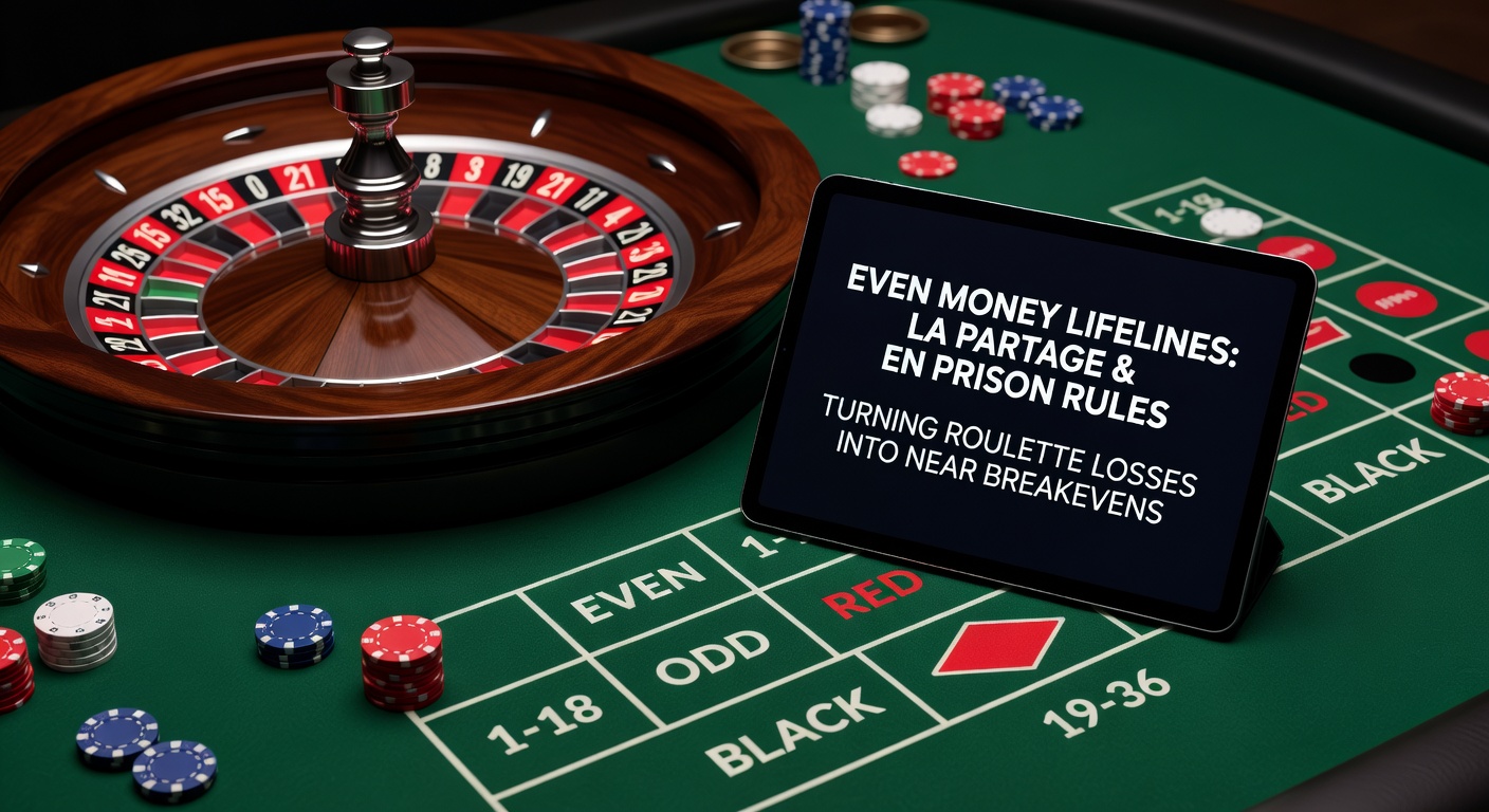 Illustration of En Prison rule in action, showing a roulette bet held behind the marker on the table layout during the next spin