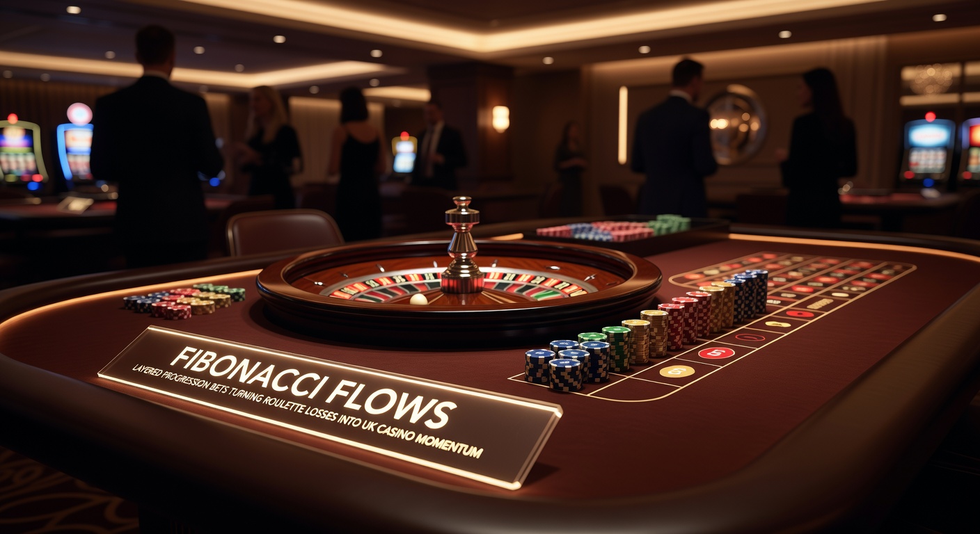 Close-up of a betting table with Fibonacci progression chart, chips stacked in sequence, and digital display showing layered bet recoveries in a modern UK online casino interface