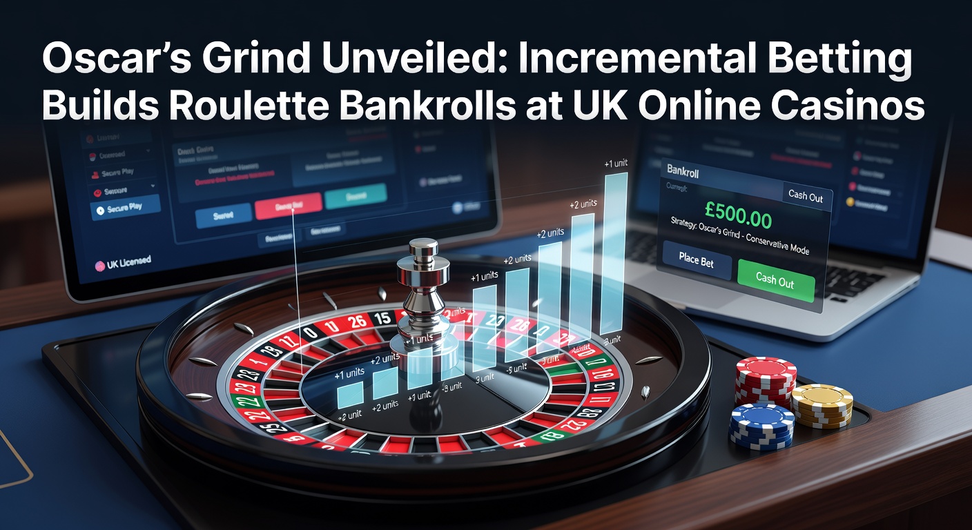Illustration of a roulette wheel with incremental betting chips stacking up, representing the Oscar's Grind strategy in action at a virtual UK casino table