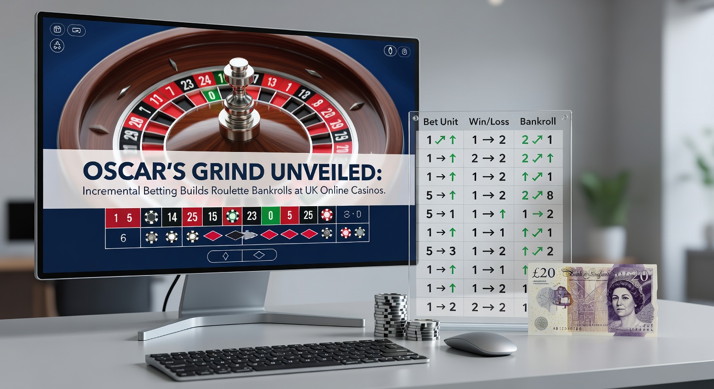 Close-up of a digital roulette interface showing Oscar's Grind bet progression on an even-money bet, with chips increasing step-by-step amid a winning streak