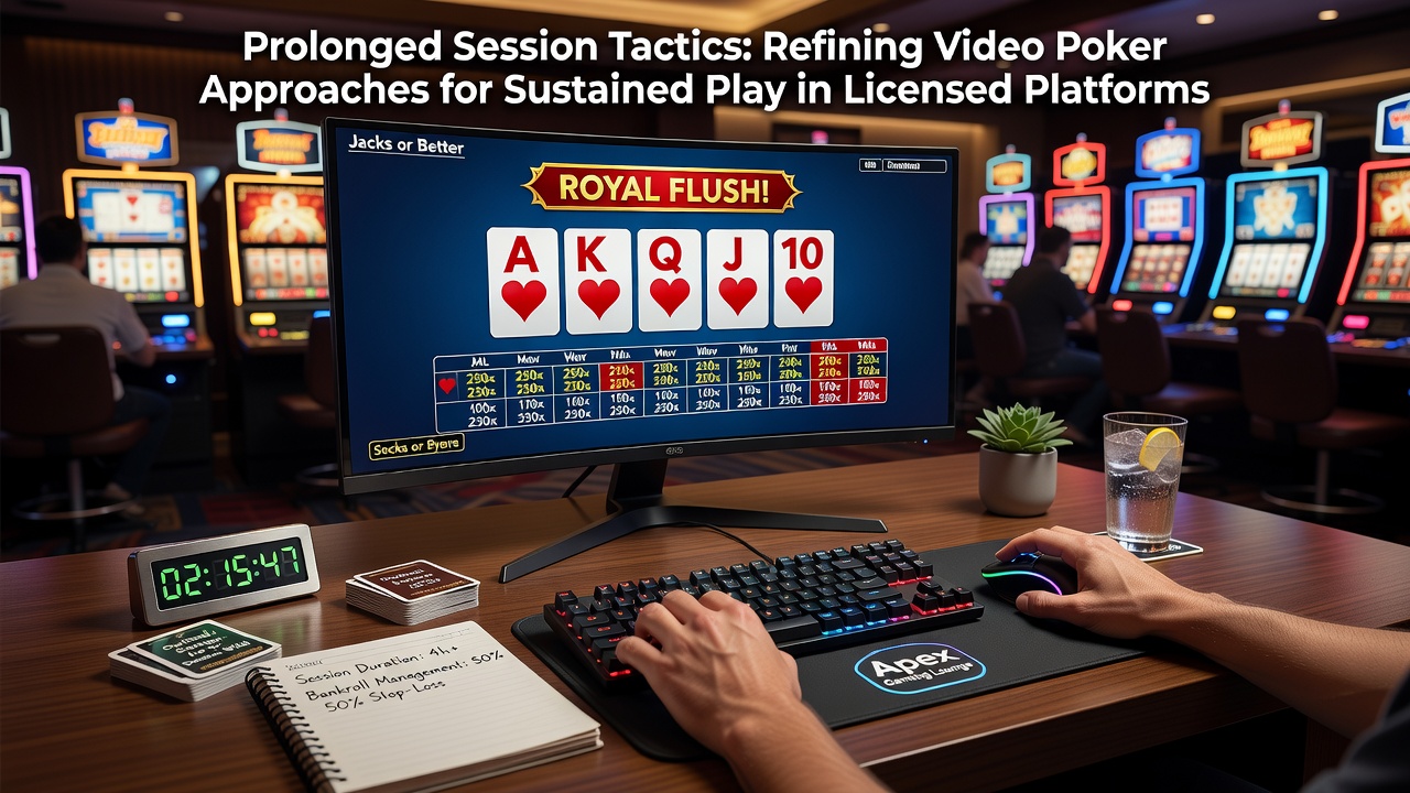 Video poker machines in a licensed casino setting with players engaged in extended sessions