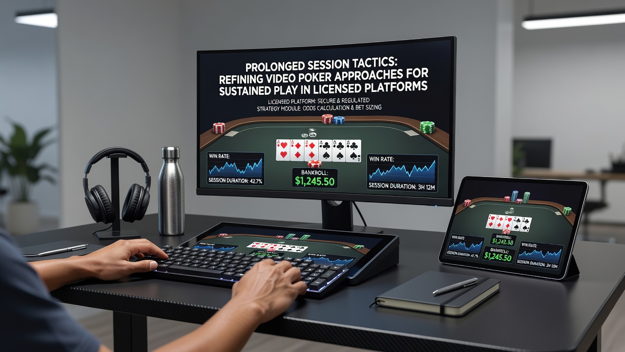 Close-up of video poker screen displaying strategy card and hand rankings during extended play