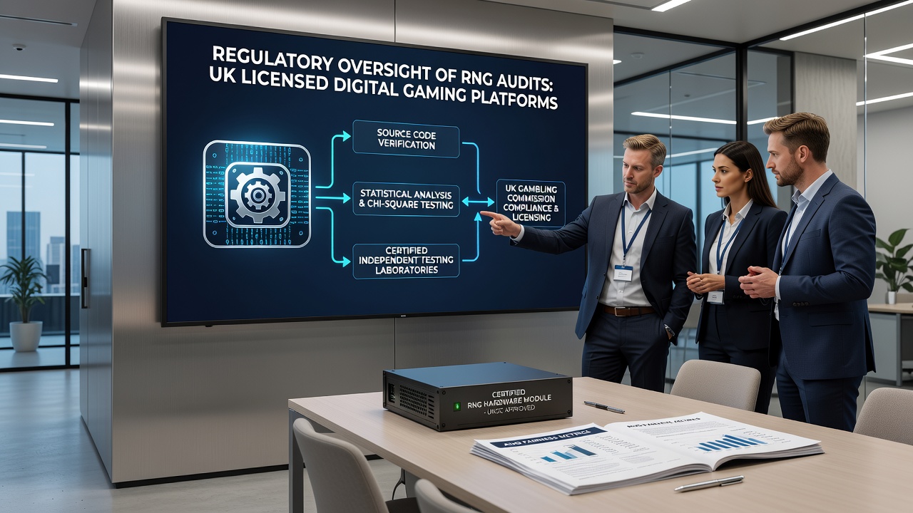 Regulatory oversight of RNG audits in British gaming platforms showing testing equipment and certification documents