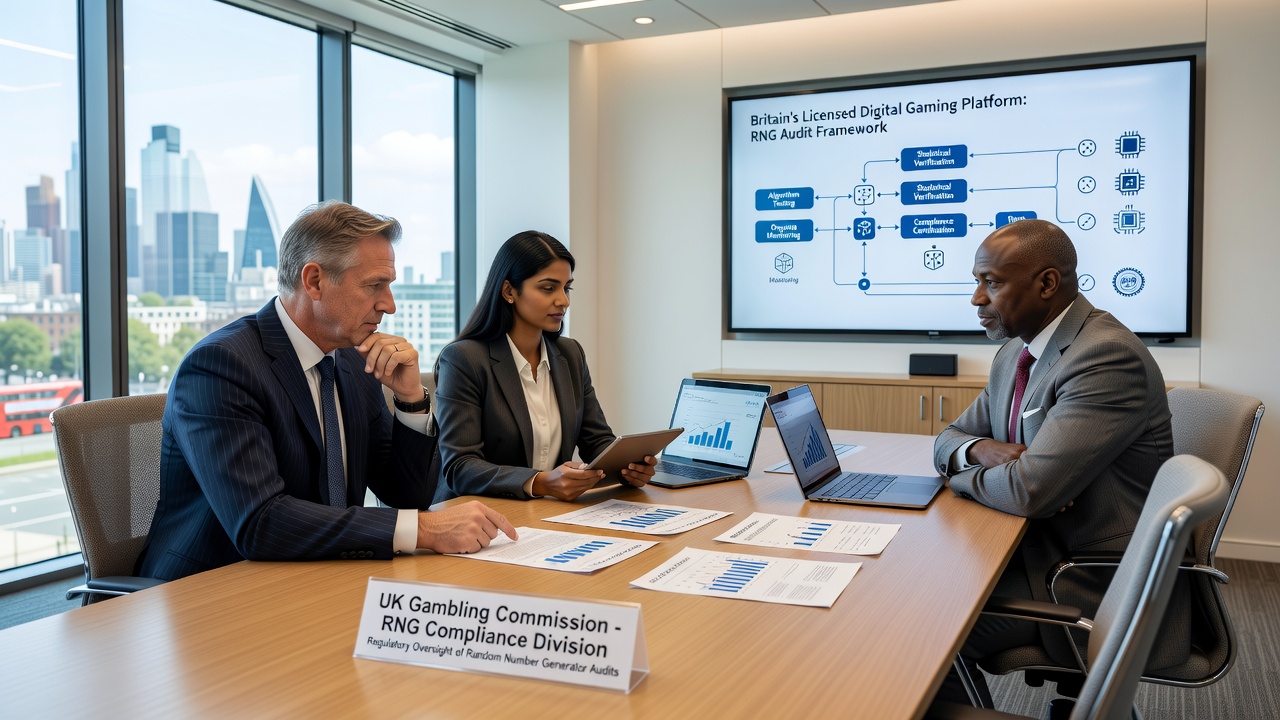 Auditors reviewing RNG certification reports and server logs in a compliance meeting