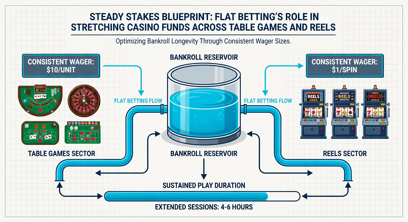 Slot machine reels spinning with flat bet display, illustrating extended play sessions and bankroll management