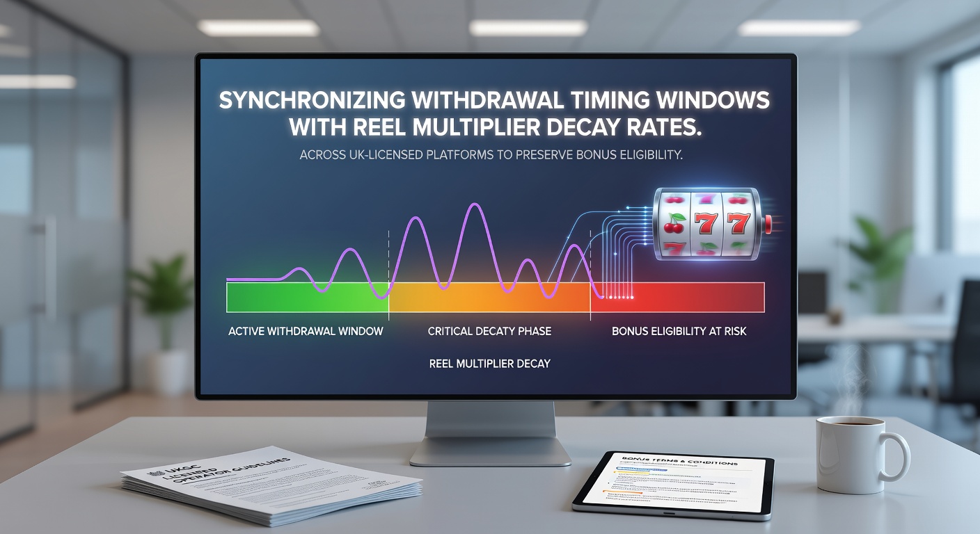 Illustration showing synchronized timing between withdrawal requests and reel multiplier decay on digital slot interfaces